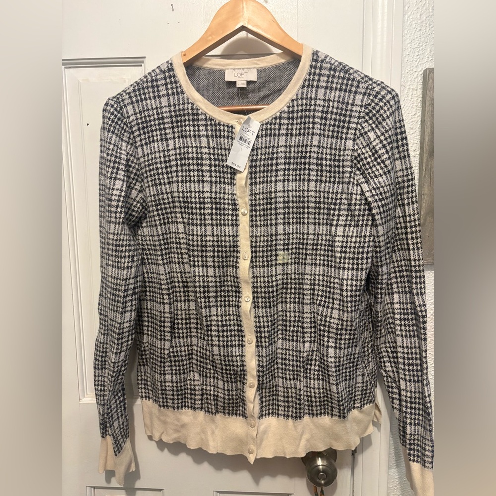 LOFT Houndstooth Black and Cream Cardigan